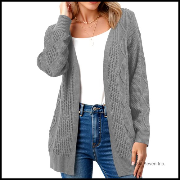 Cable Knit Chunky Cardigan V Neck Open Front Sweater Coat with Pockets